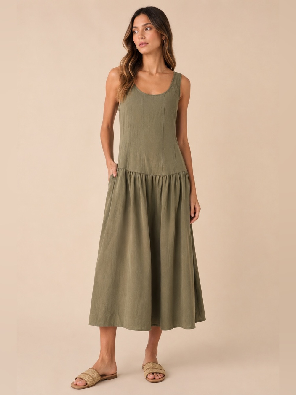 Black Tape Dusty Sage Drop Waist Midi Dress NWT M